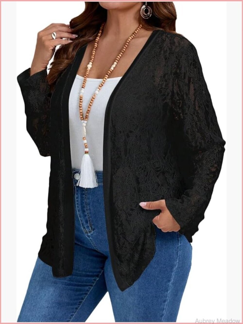 Plus Size Floral Lace Jacket Sheer Mesh Open Front Long Sleeve Lightweight